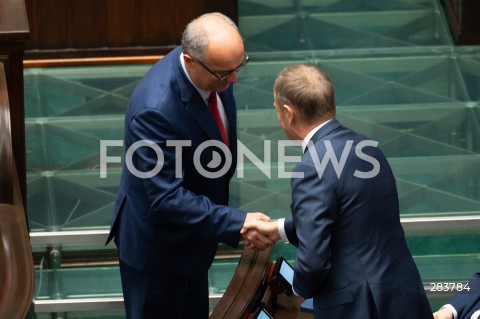  11.12.2023 WARSZAWA SEJM <br />
POSZIEDZENIE SEJMU<br />
WYBOR PREZESA RADY MINISTROW<br />
N/Z WLODZIMIERZ CZARZASTY DONALD TUSK<br />
FOT. MARCIN BANASZKIEWICZ/FOTONEWS  