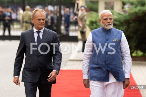  22.08.2024 WARSZAWA<br />
SPOTKANIE PREMIERA DONALDA TUSKA Z PREMIEREM REPUBLIKI INDII NARENDRA MODIM<br />
PRIME MINISTER NARENDRA MODI ARRIVES IN POLAND FOR FIRST VISIT BY INDIAN PRIME MINISTER IN 45 YEARS<br />
N/Z DONALD TUSK NARENDRA MODI<br />
FOT. MARCIN BANASZKIEWICZ/FOTONEWS  