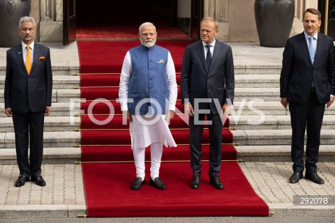  22.08.2024 WARSZAWA<br />
SPOTKANIE PREMIERA DONALDA TUSKA Z PREMIEREM REPUBLIKI INDII NARENDRA MODIM<br />
PRIME MINISTER NARENDRA MODI ARRIVES IN POLAND FOR FIRST VISIT BY INDIAN PRIME MINISTER IN 45 YEARS<br />
N/Z DONALD TUSK NARENDRA MODI SUBRAHMANYAM JAISHANKAR RADOSLAW SIKORSKI<br />
FOT. MARCIN BANASZKIEWICZ/FOTONEWS  