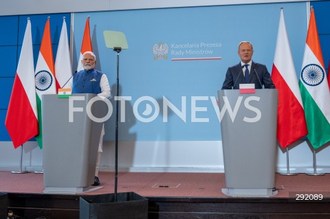  22.08.2024 WARSZAWA<br />
SPOTKANIE PREMIERA DONALDA TUSKA Z PREMIEREM REPUBLIKI INDII NARENDRA MODIM<br />
PRIME MINISTER NARENDRA MODI ARRIVES IN POLAND FOR FIRST VISIT BY INDIAN PRIME MINISTER IN 45 YEARS<br />
N/Z DONALD TUSK NARENDRA MODI<br />
FOT. MARCIN BANASZKIEWICZ/FOTONEWS  