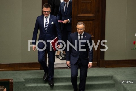  16.10.2024 WARSZAWA<br />
POSIEDZENIE SEJMU RP<br />
OREDZIE PREZYDENTA ANDRZEJA DUDY<br />
N/Z SZYMON HOLOWNIA ANDRZEJ DUDA<br />
FOT. MARCIN BANASZKIEWICZ/FOTONEWS  