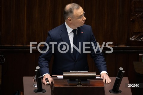  16.10.2024 WARSZAWA<br />
POSIEDZENIE SEJMU RP<br />
OREDZIE PREZYDENTA ANDRZEJA DUDY<br />
N/Z PREZYDENT RP ANDRZEJ DUDA<br />
FOT. MARCIN BANASZKIEWICZ/FOTONEWS  