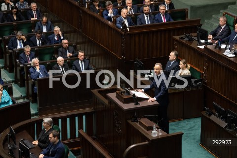  16.10.2024 WARSZAWA<br />
POSIEDZENIE SEJMU RP<br />
OREDZIE PREZYDENTA ANDRZEJA DUDY<br />
N/Z PREZYDENT RP ANDRZEJ DUDA JAROSLA KACZYNSKI DONALD TUSK<br />
FOT. MARCIN BANASZKIEWICZ/FOTONEWS  