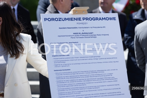  20.05.2025 WARSZAWA<br />
KONFERENCJA PRASOWA KANDYDATA NA PREZYDENTA RP KAROLA NAWROCKIEGO W WARSZAWIE<br />
N/Z POROZUMIENIE PROGRAMOWE TABLICA<br />
FOT. ANTONI BYSZEWSKI/FOTONEWS 